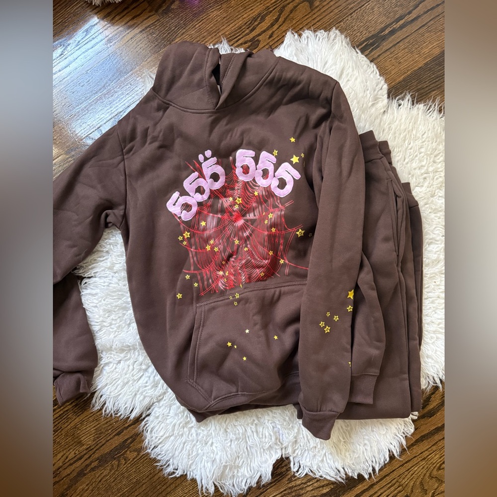 Brown Hoodie and Sweatpants Set with Pink and Yellow Design